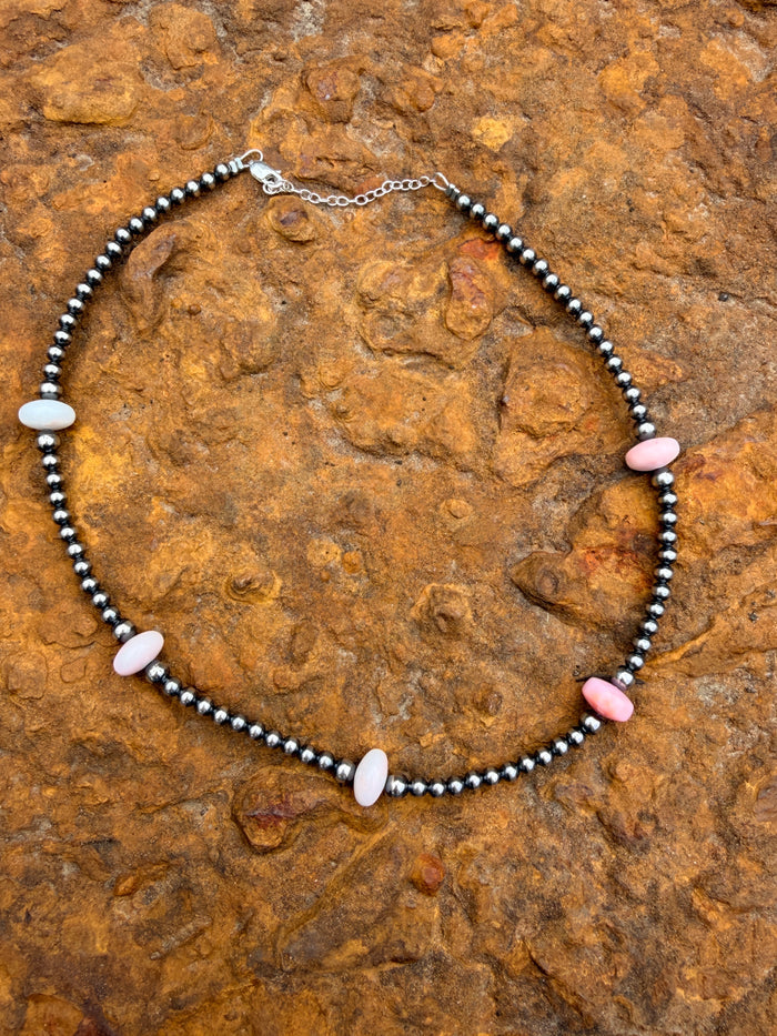 15 Inch Pink Conch Saucer Necklace and Sterling Silver Pearls