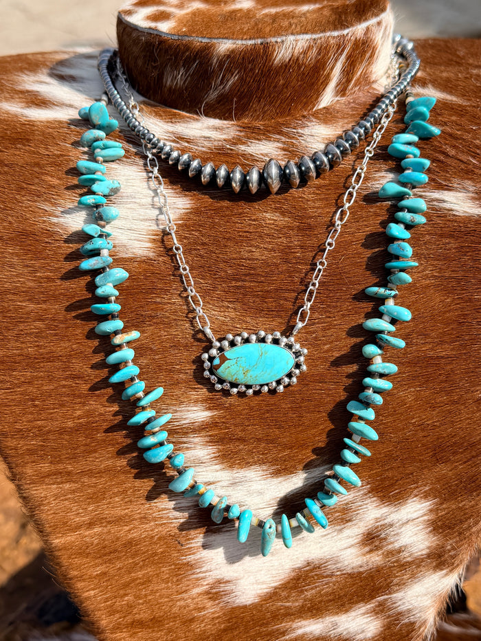 22 inch Long Real Turquoise and Shell Teardrop Shape Blue Side