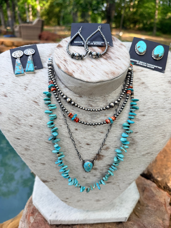 22 inch Long Real Turquoise and Shell Teardrop Shape Blue Side