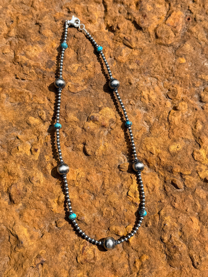 3/6/10mm 20” Round Sterling Silver and Turquoise Necklace