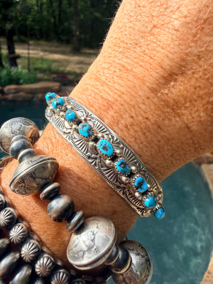 9 Stone Turquoise Hand Stamped Cuff