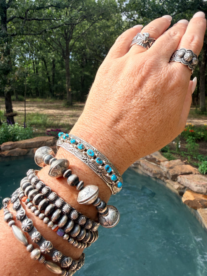 9 Stone Turquoise Hand Stamped Cuff