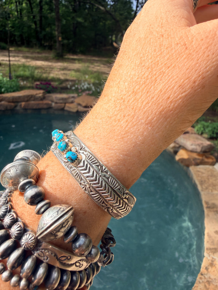 9 Stone Turquoise Hand Stamped Cuff