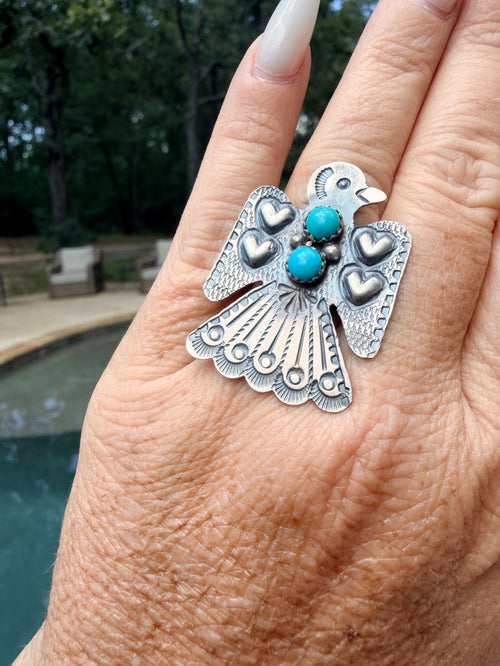 Adjustable Thunderbird Ring with Turquoise and Detailed Stamping