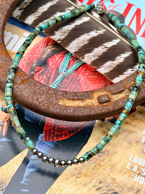African Turquoise Heishi & Sterling Silver Pearl Necklace