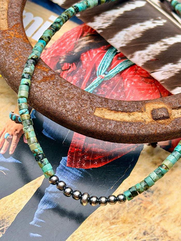 African Turquoise Heishi & Sterling Silver Pearl Necklace