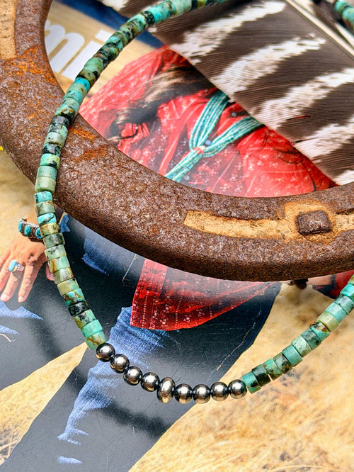 African Turquoise Heishi & Sterling Silver Pearl Necklace