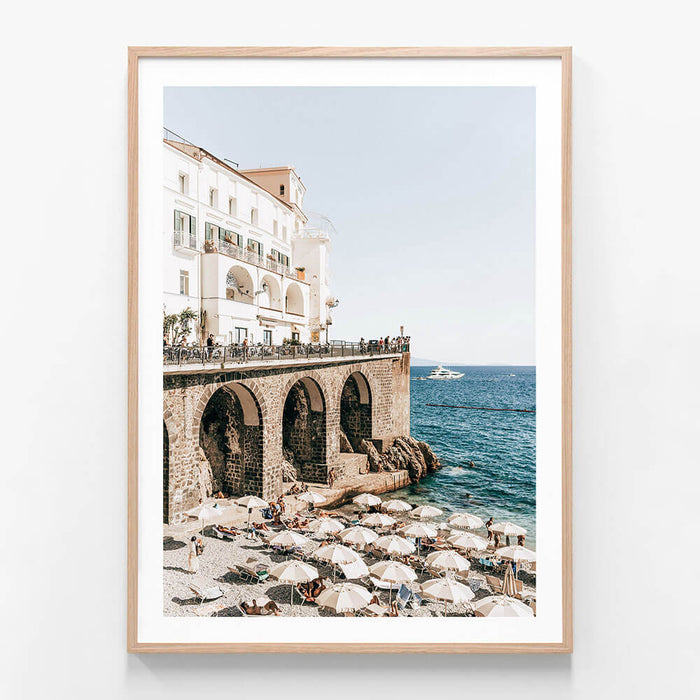 Atrani Beach wall art print in oak frame