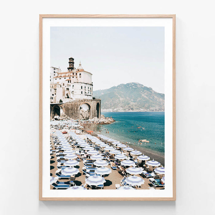 Atrani Umbrellas wall art print in oak frame