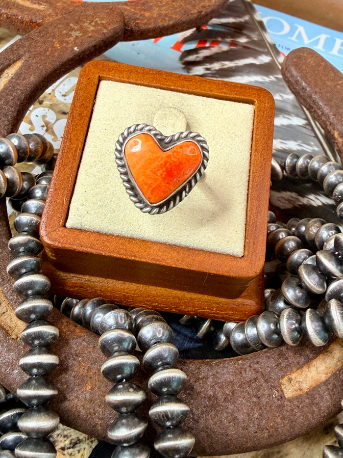 Authentic Adjustable Native Made Orange Spiny Oyster Heart Ring By C. Belone