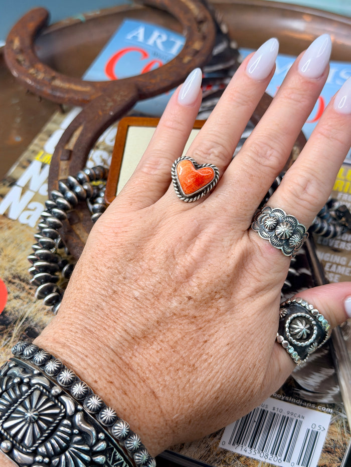 Authentic Adjustable Native Made Orange Spiny Oyster Heart Ring By C. Belone