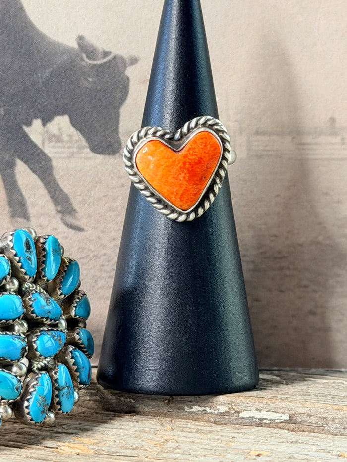 Authentic Adjustable Native Made Orange Spiny Oyster Heart Ring By C. Belone