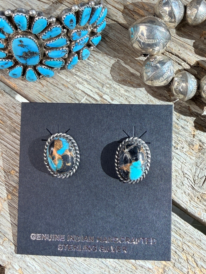 AUTHENTIC HANDCRAFTED STERLING SILVER & BLUE MOJAVE STUD EARRINGS by Freda Martinez