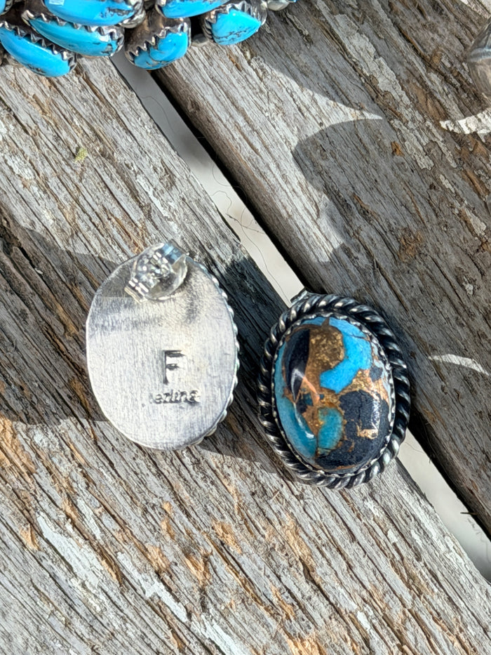 AUTHENTIC HANDCRAFTED STERLING SILVER & BLUE MOJAVE STUD EARRINGS by Freda Martinez