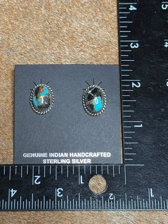 AUTHENTIC HANDCRAFTED STERLING SILVER & BLUE MOJAVE STUD EARRINGS by Freda Martinez
