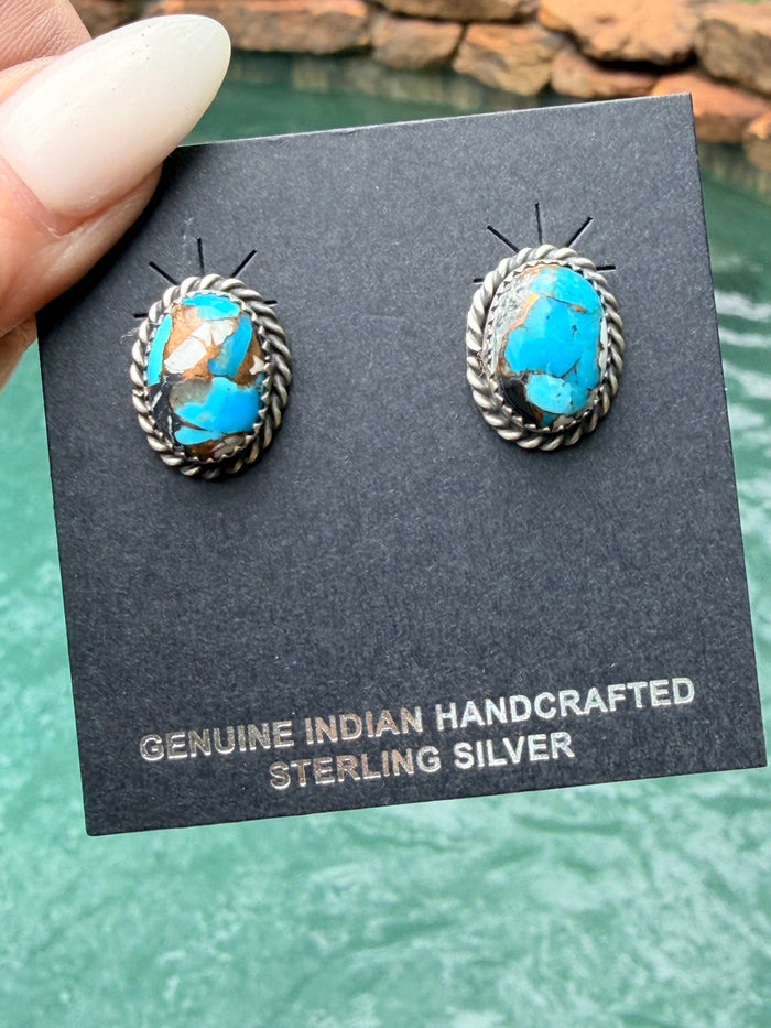 AUTHENTIC HANDCRAFTED STERLING SILVER & BLUE MOJAVE STUD EARRINGS