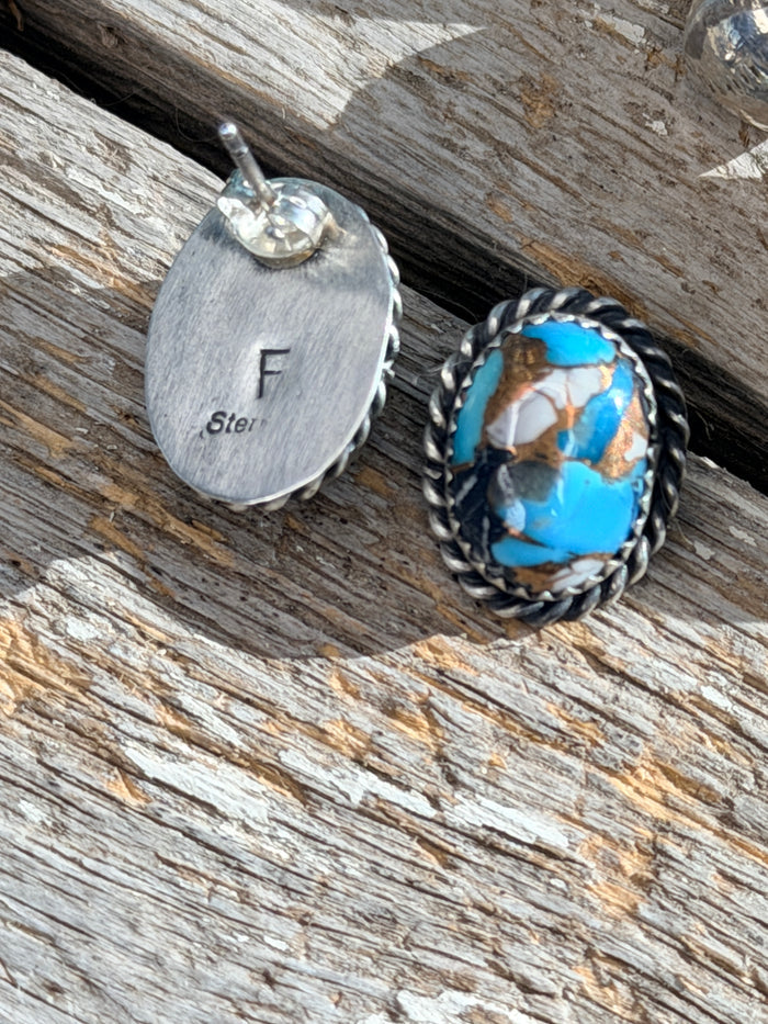 AUTHENTIC HANDCRAFTED STERLING SILVER & BLUE MOJAVE STUD EARRINGS