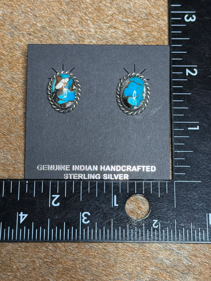 AUTHENTIC HANDCRAFTED STERLING SILVER & BLUE MOJAVE STUD EARRINGS