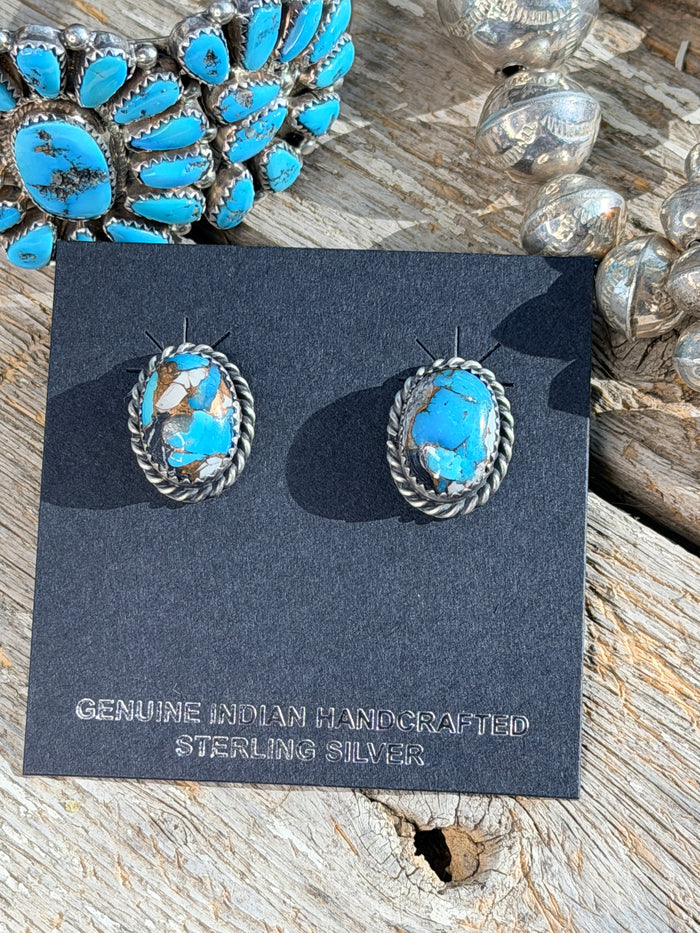 AUTHENTIC HANDCRAFTED STERLING SILVER & BLUE MOJAVE STUD EARRINGS