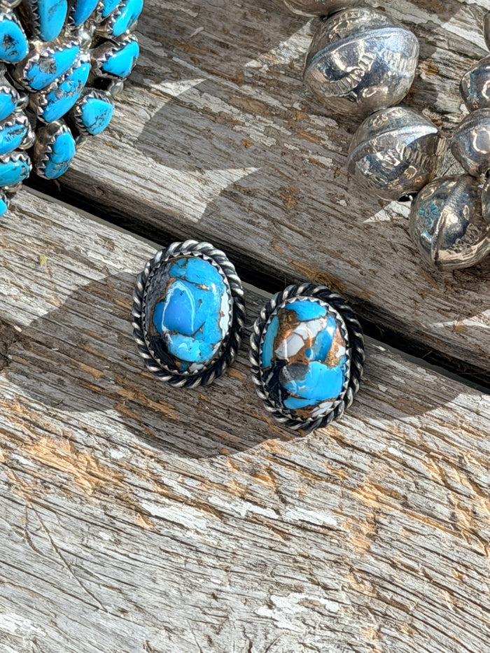 AUTHENTIC HANDCRAFTED STERLING SILVER & BLUE MOJAVE STUD EARRINGS
