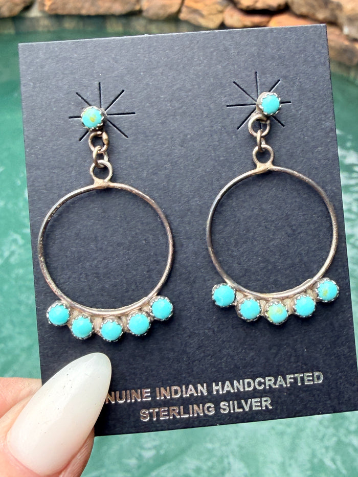 Authentic Lightweight Navajo Artist Chee Turquoise and Sterling Hoop Earrings