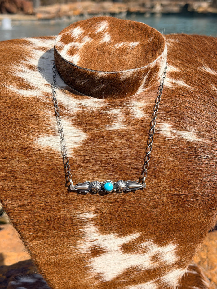 Authentic Marita Benally Navajo Handmade Sterling Silver and Kingman Turquoise Necklace