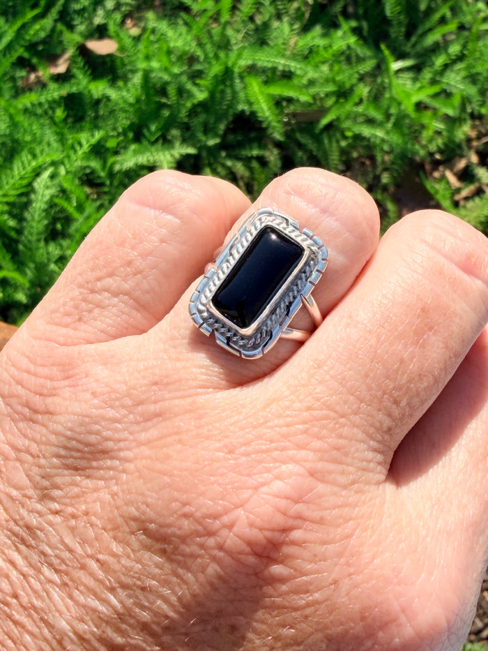 Authentic Native America Navajo Sterling Silver Black Onyx Ring By Peggy Skeets sz 6.5