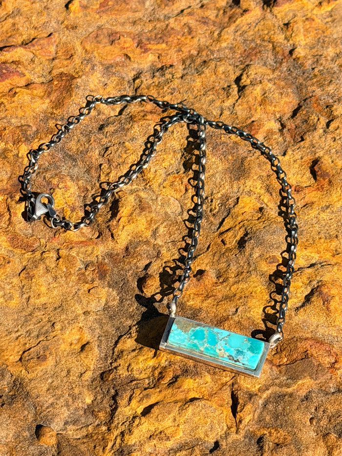 Authentic Native America Navajo Sterling Silver Kingman Turquoise Bar Necklace By Steve Francisco