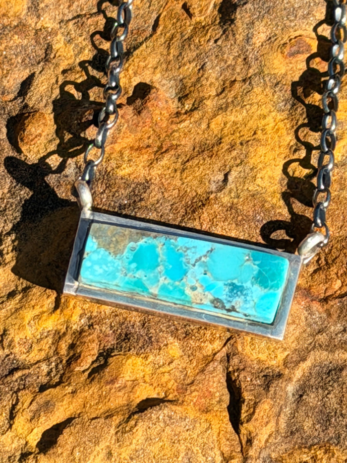 Authentic Native America Navajo Sterling Silver Kingman Turquoise Bar Necklace By Steve Francisco
