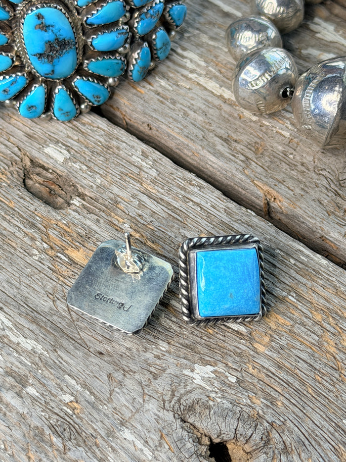 Authentic Native American Navajo Sterling Silver Kingman Turquoise Post Earring's By Judith Dixon