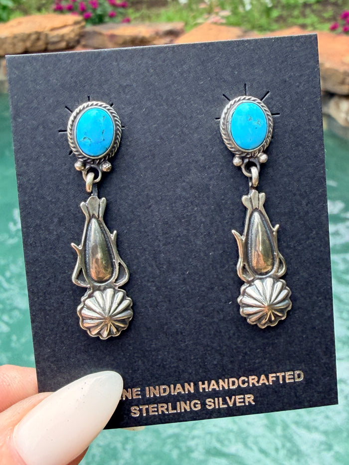 Authentic Native American Navajo Sterling Silver Turquoise Post / Dangling Earring's By Verley Betone