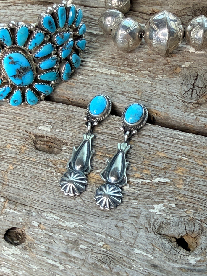 Authentic Native American Navajo Sterling Silver Turquoise Post / Dangling Earring's By Verley Betone
