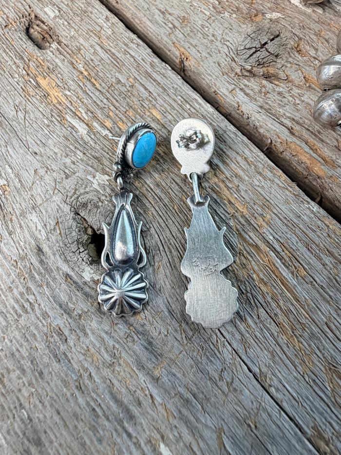 Authentic Native American Navajo Sterling Silver Turquoise Post / Dangling Earring's By Verley Betone