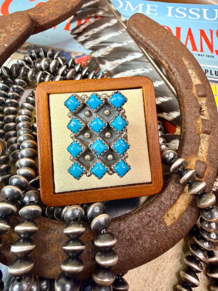 Authentic Native Made 12 Diamond Shaped Kingman Turquoise Stone Ring by Verley Betone size 7
