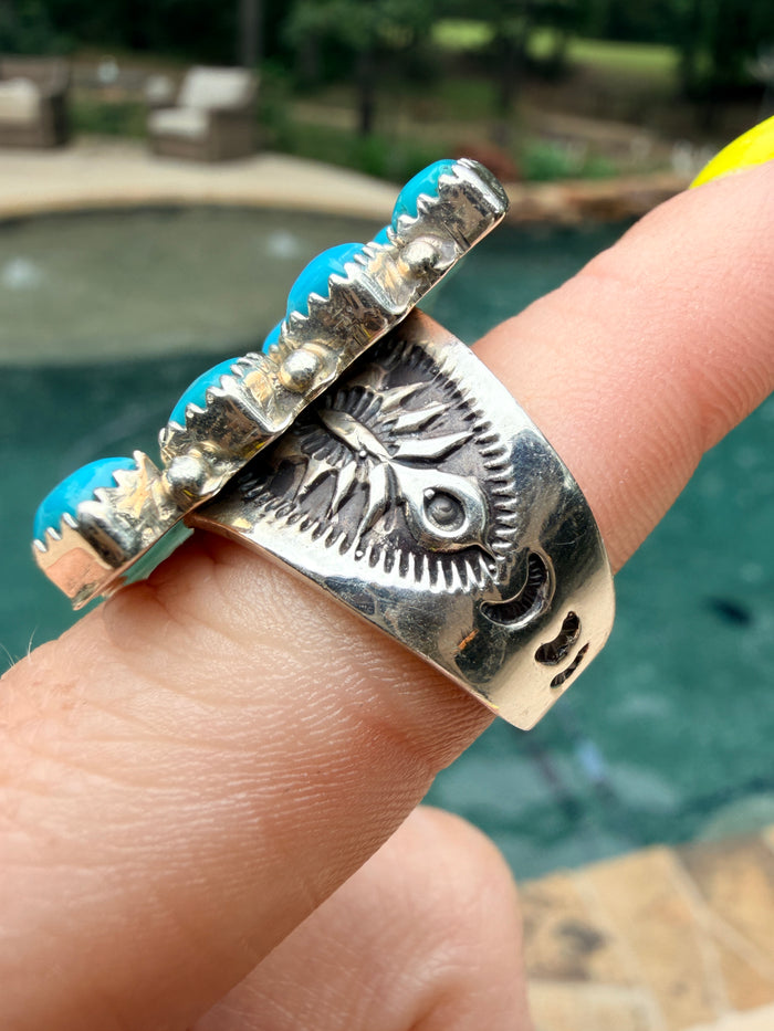 Authentic Native Made 12 Diamond Shaped Kingman Turquoise Stone Ring by Verley Betone size 7