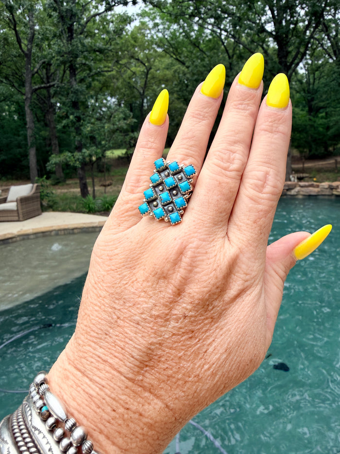 Authentic Native Made 12 Diamond Shaped Kingman Turquoise Stone Ring by Verley Betone size 7