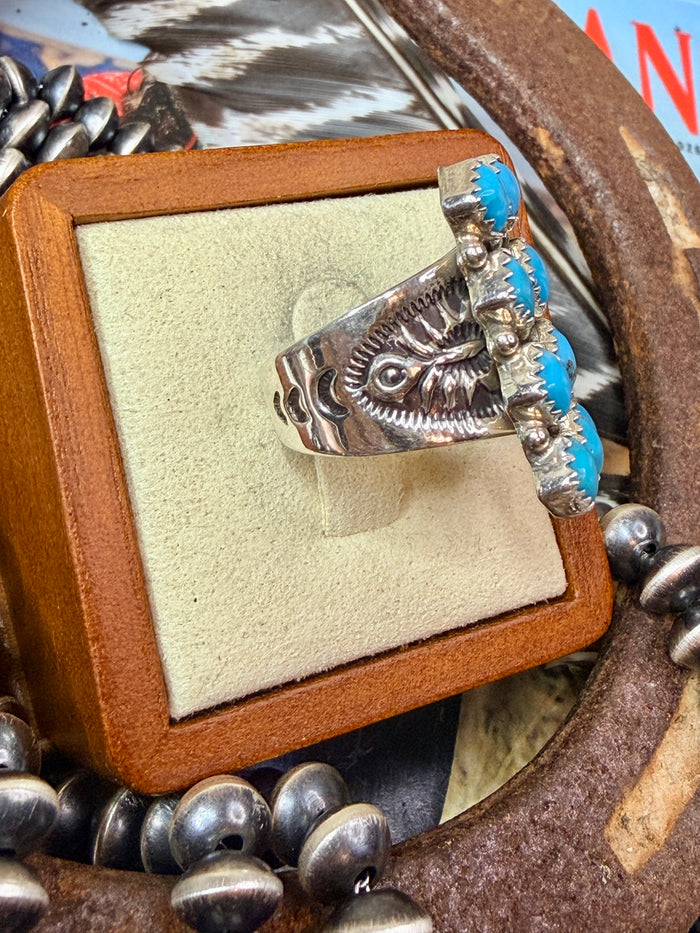 Authentic Native Made 12 Diamond Shaped Kingman Turquoise Stone Ring by Verley Betone size 7
