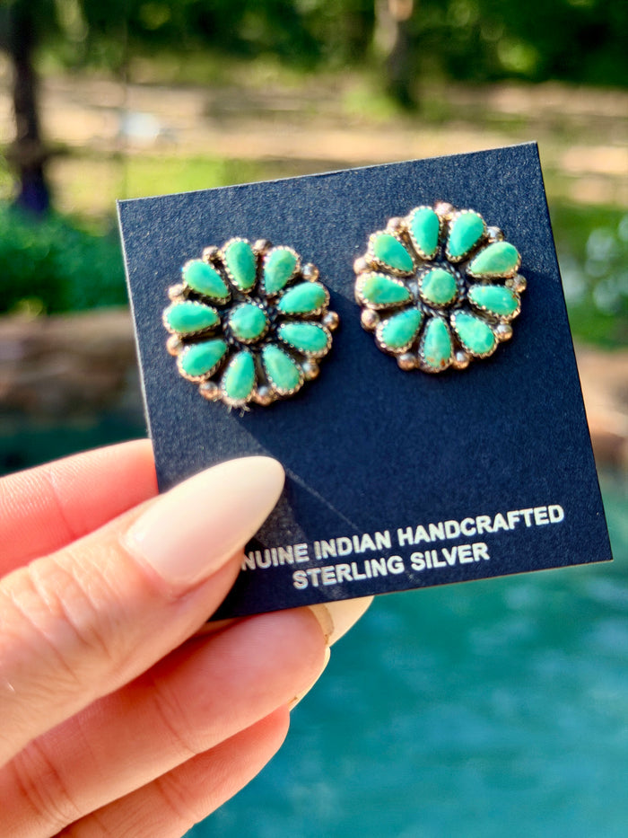 Authentic Native Made Royston Turquoise Stud Cluster Earrings