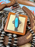Authentic Native Made Turquoise and Detailed Sterling Silver Stamping and Starburst Ring by Maritta Benally size 7