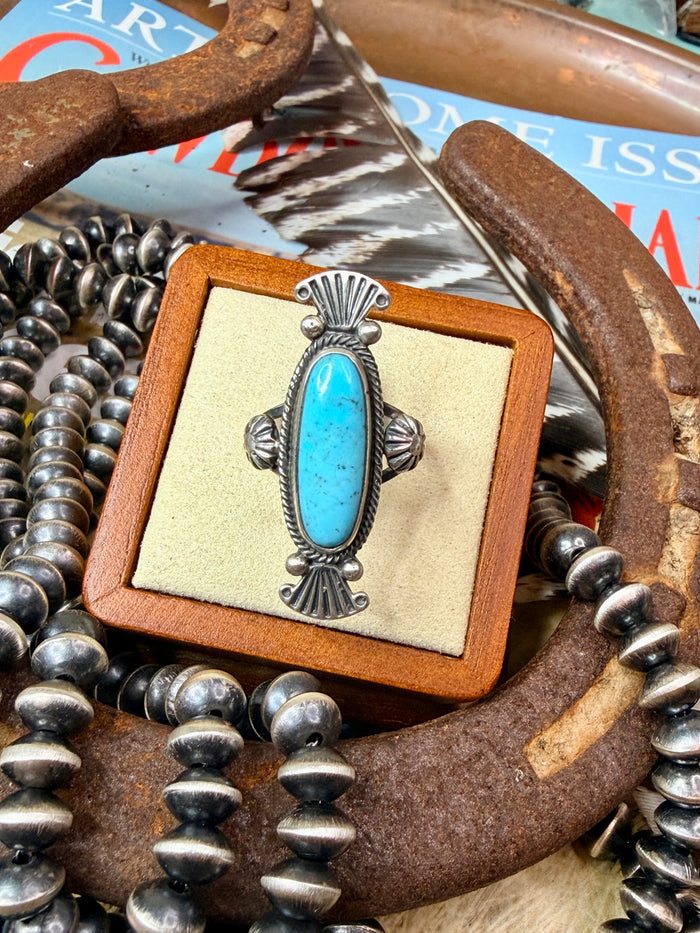 Authentic Native Made Turquoise and Detailed Sterling Silver Stamping and Starburst Ring by Maritta Benally size 7
