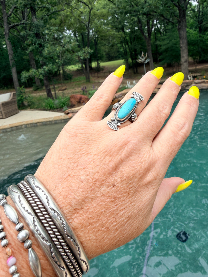 Authentic Native Made Turquoise and Detailed Sterling Silver Stamping and Starburst Ring by Maritta Benally size 7