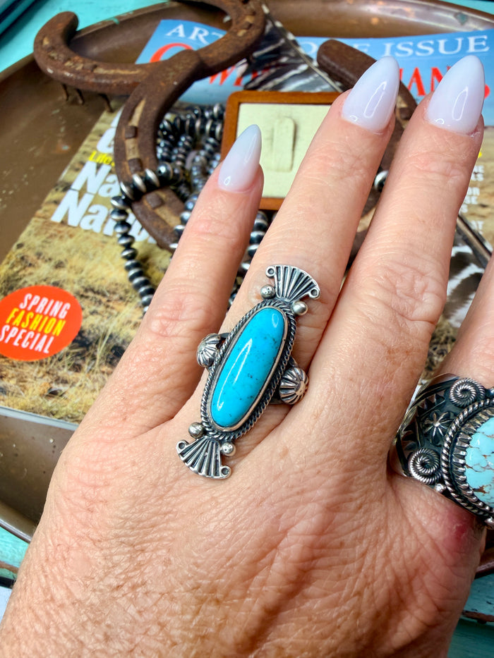 Authentic Native Made Turquoise and Detailed Sterling Silver Stamping and Starburst Ring by Maritta Benally size 7
