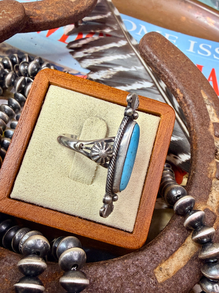 Authentic Native Made Turquoise and Detailed Sterling Silver Stamping and Starburst Ring by Maritta Benally size 7