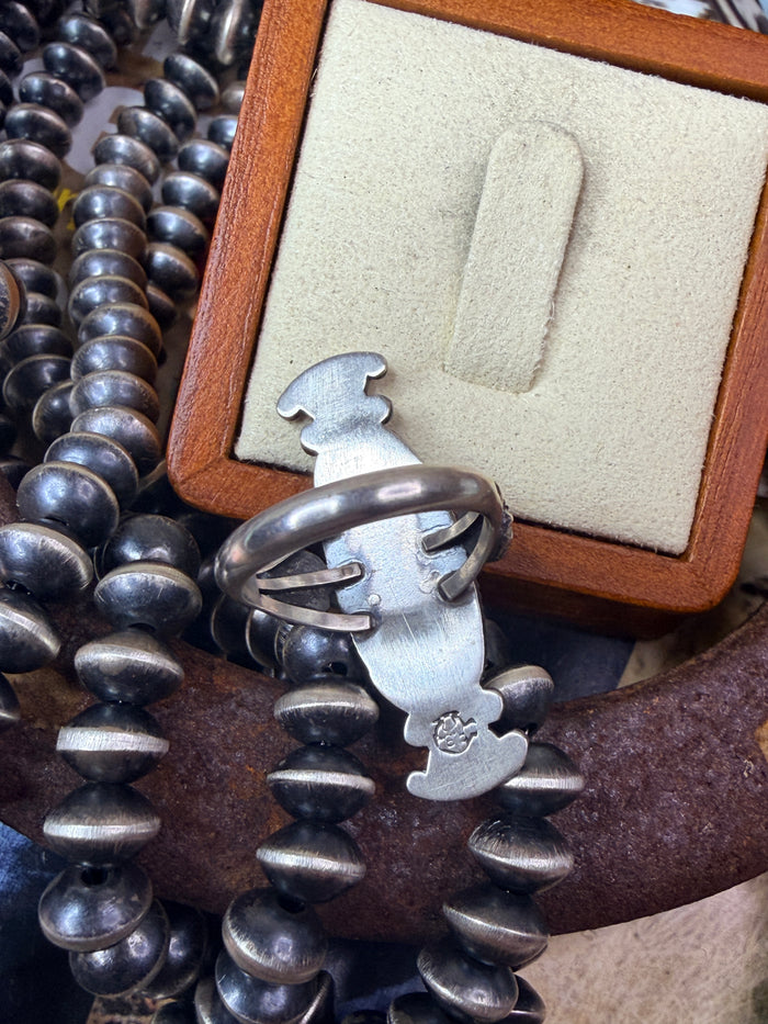 Authentic Native Made Turquoise and Detailed Sterling Silver Stamping and Starburst Ring by Maritta Benally size 7