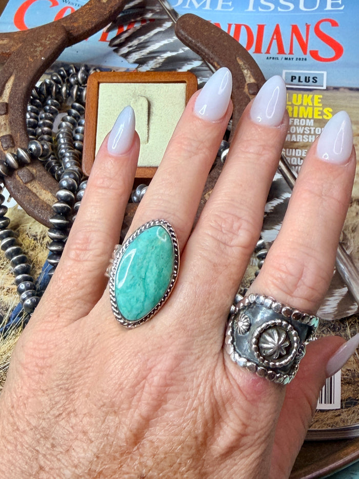 Authentic Native Made Tyrone Turquoise Ring by Ronald Dixson size 7
