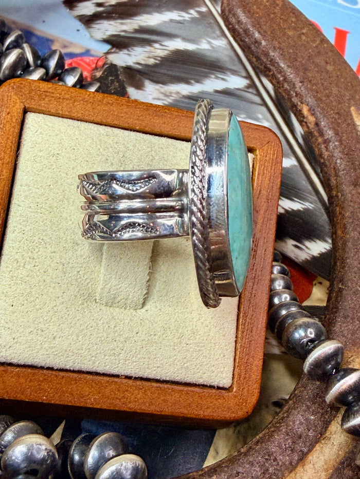 Authentic Native Made Tyrone Turquoise Ring by Ronald Dixson size 7