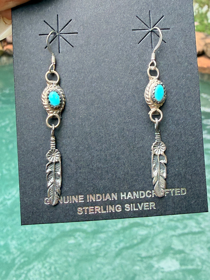 Authentic Navajo Silver Turquoise Feather Earrings