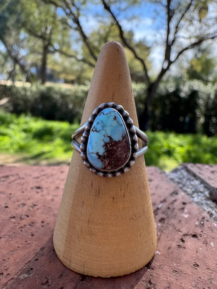 Authentic Navajo Teardrop Golden Hills Turquoise and Sterling Silver Ring, Size 7