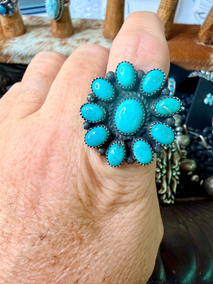 Authentic Navajo Turquoise and Sterling Silver Adjustable Cluster Ring