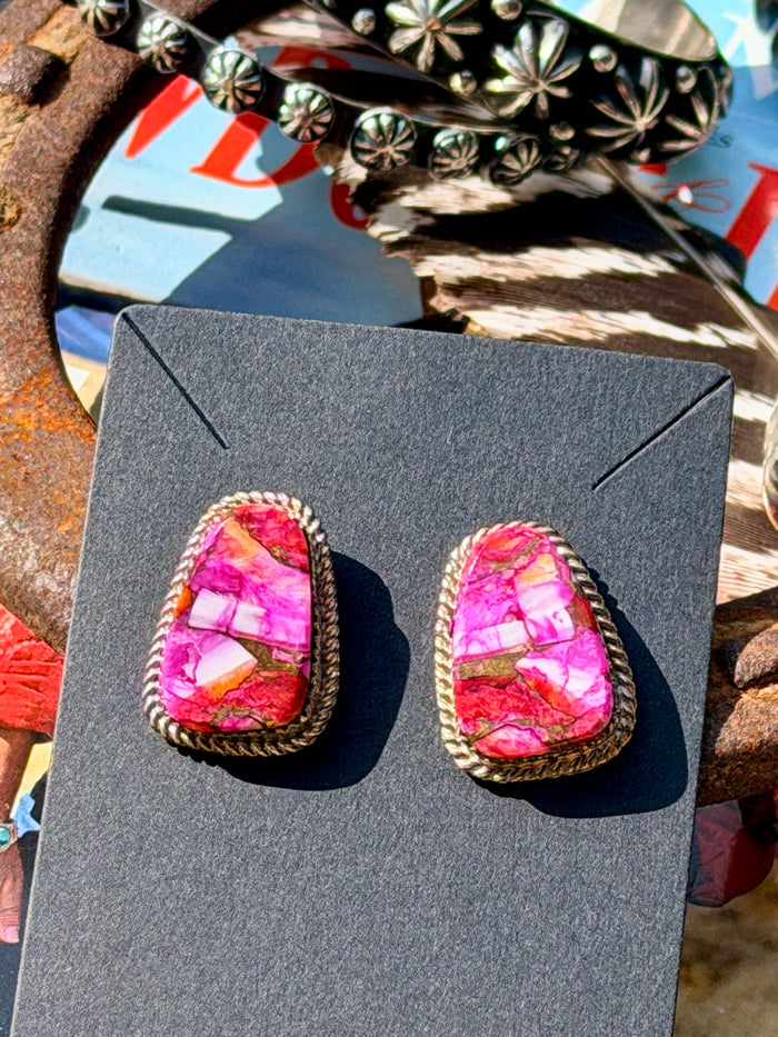 Authentic Rose Dahlia Post Earrings with Rope Design by Navajo Artist Gabby Jim